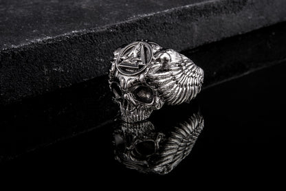 vkngjewelry Ring Handcrafted Odin's Skull Valknut Ruthenium Plated Sterling Silver Ring