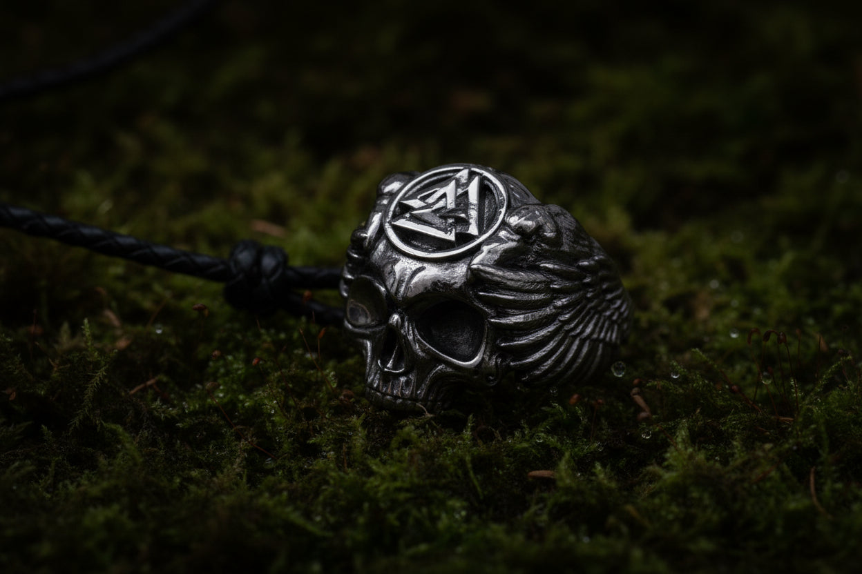 vkngjewelry Ring Handcrafted Odin's Skull Valknut Ruthenium Plated Sterling Silver Ring