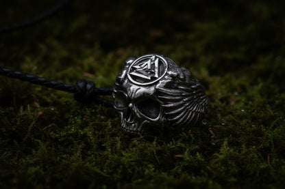 vkngjewelry Ring Handcrafted Odin's Skull Valknut Ruthenium Plated Sterling Silver Ring