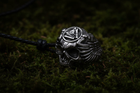 vkngjewelry Ring Handcrafted Odin's Skull Valknut Ruthenium Plated Sterling Silver Ring