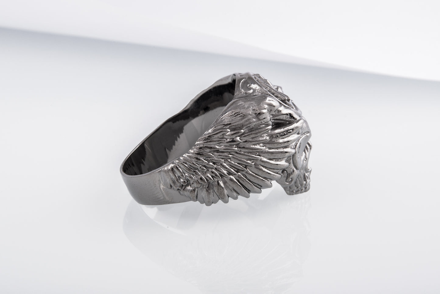 vkngjewelry Ring Handcrafted Odin's Skull Valknut Ruthenium Plated Sterling Silver Ring