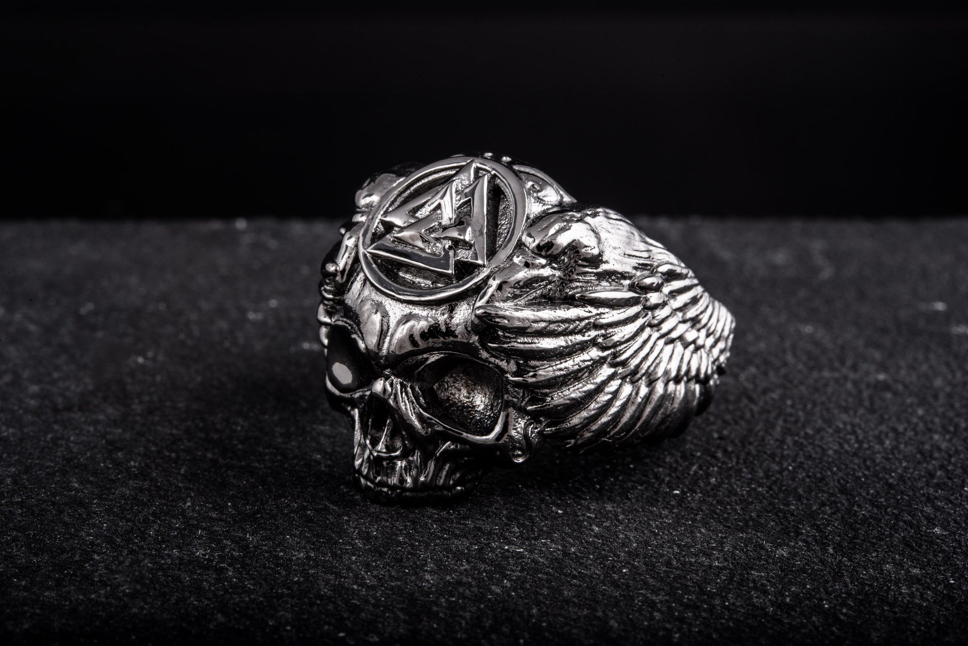vkngjewelry Ring Handcrafted Odin's Skull Valknut Ruthenium Plated Sterling Silver Ring