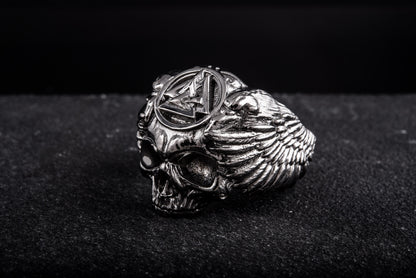 vkngjewelry Ring Handcrafted Odin's Skull Valknut Ruthenium Plated Sterling Silver Ring