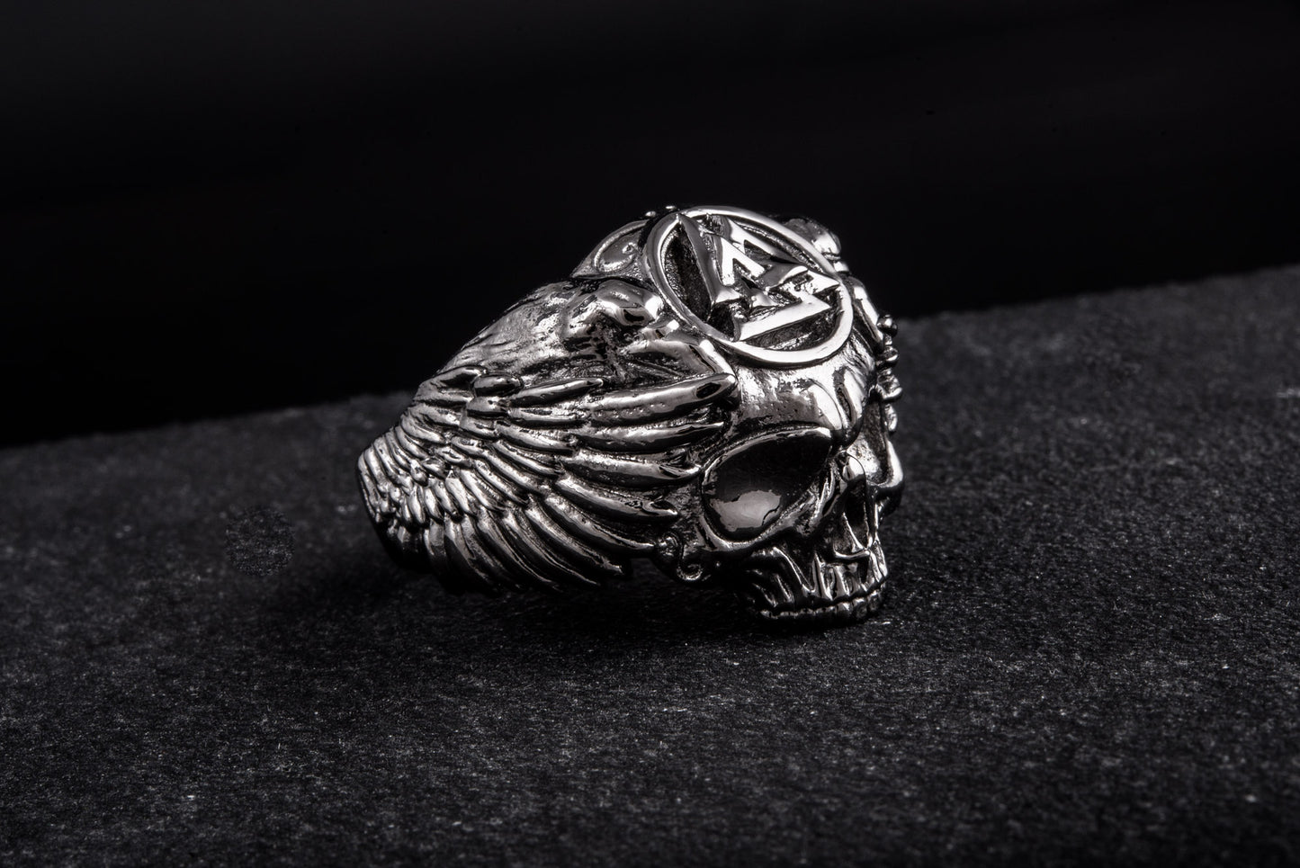 vkngjewelry Ring Handcrafted Odin's Skull Valknut Ruthenium Plated Sterling Silver Ring