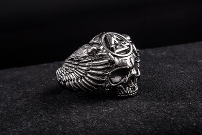 vkngjewelry Ring Handcrafted Odin's Skull Valknut Ruthenium Plated Sterling Silver Ring