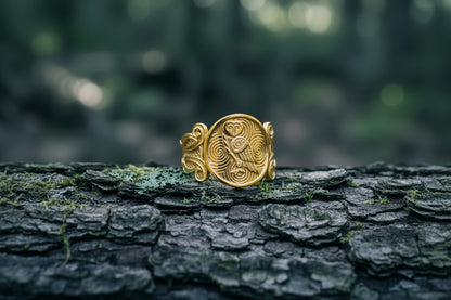 vkngjewelry Ring Handcrafted Owl Symbol with Ornament Gold Ring