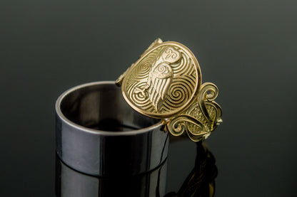 vkngjewelry Ring Handcrafted Owl Symbol with Ornament Gold Ring