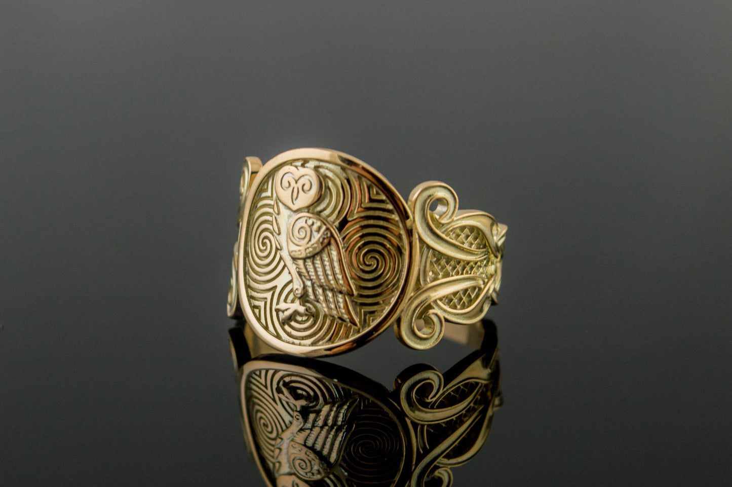 vkngjewelry Ring Handcrafted Owl Symbol with Ornament Gold Ring