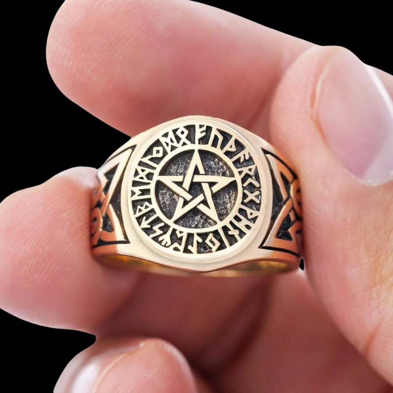 vkngjewelry Bagues Pentagram Bronze Ring with Knotwork and Viking Runes