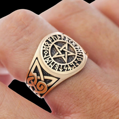 vkngjewelry Bagues Pentagram Bronze Ring with Knotwork and Viking Runes