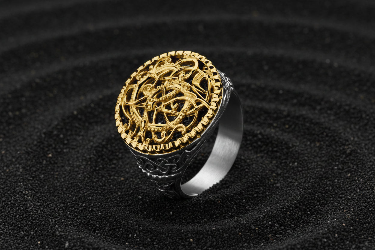 vkngjewelry Ring Viking Urnes Style Silver Ring with Gold Plated Overlay