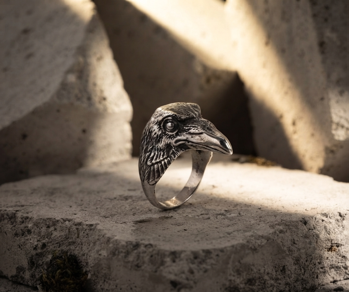 vkngjewelry Ring Handcrafted Raven Natural Sterling Silver Ring