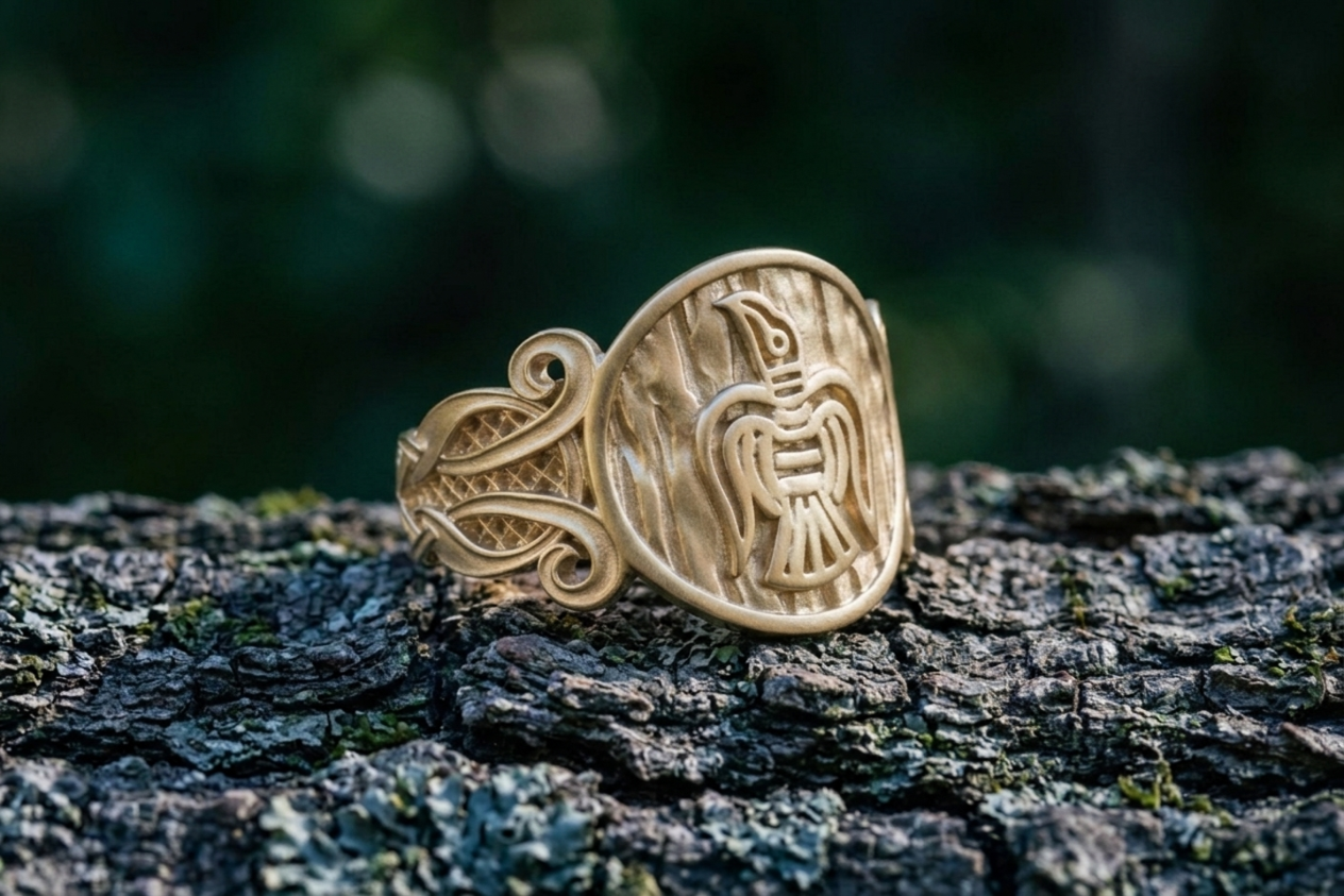 vkngjewelry Ring Handcrafted Raven Ornament Norse Gold Ring