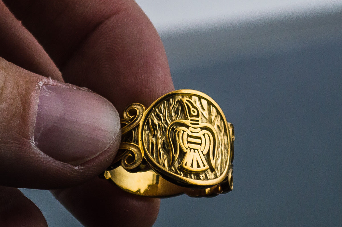 vkngjewelry Ring Handcrafted Raven Ornament Norse Gold Ring