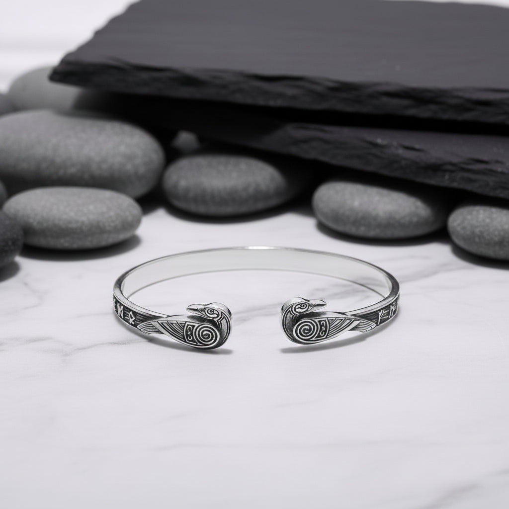 vkngjewelry Bracelet Handcrafted Ravens and Elder Futhark runes Arm Ring