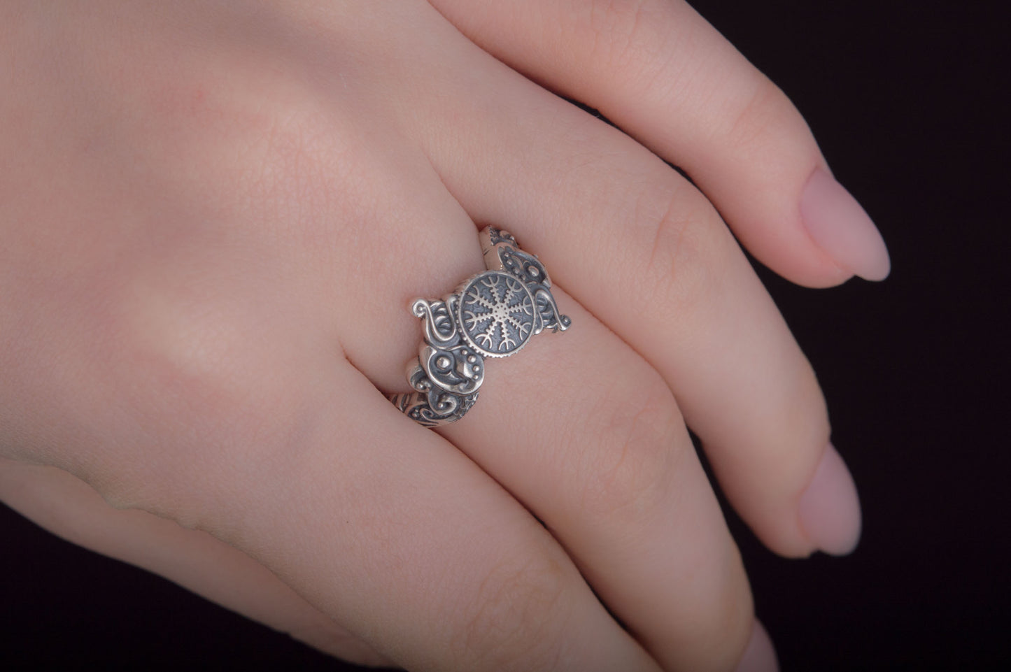 vkngjewelry Ring Handcrafted Ring With Helm Of Awe Symbol And Wolf Ornament Sterling Silver Viking Jewelry