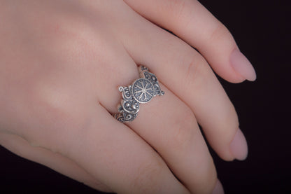 vkngjewelry Ring Handcrafted Ring With Helm Of Awe Symbol And Wolf Ornament Sterling Silver Viking Jewelry