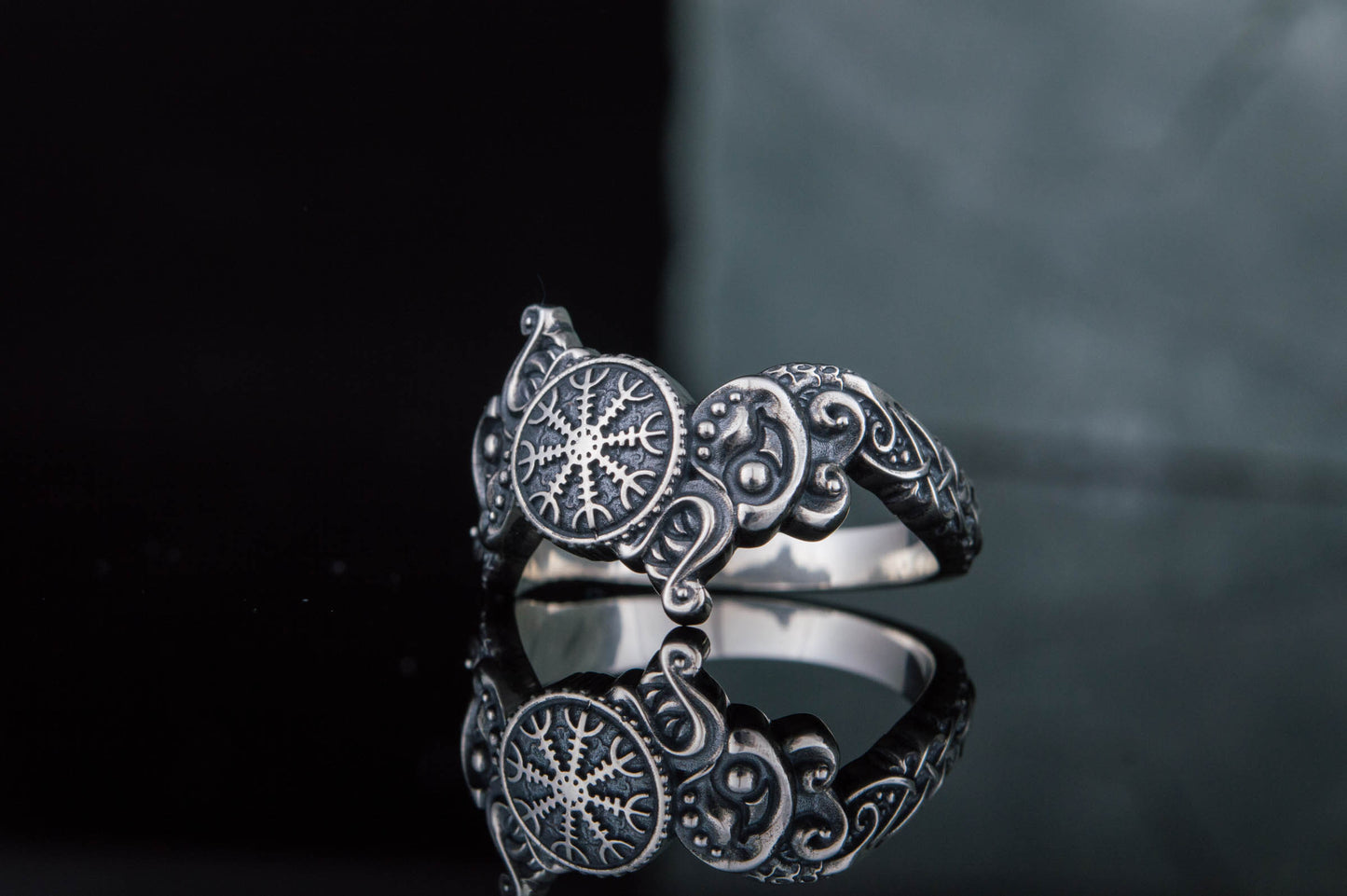 vkngjewelry Ring Handcrafted Ring With Helm Of Awe Symbol And Wolf Ornament Sterling Silver Viking Jewelry