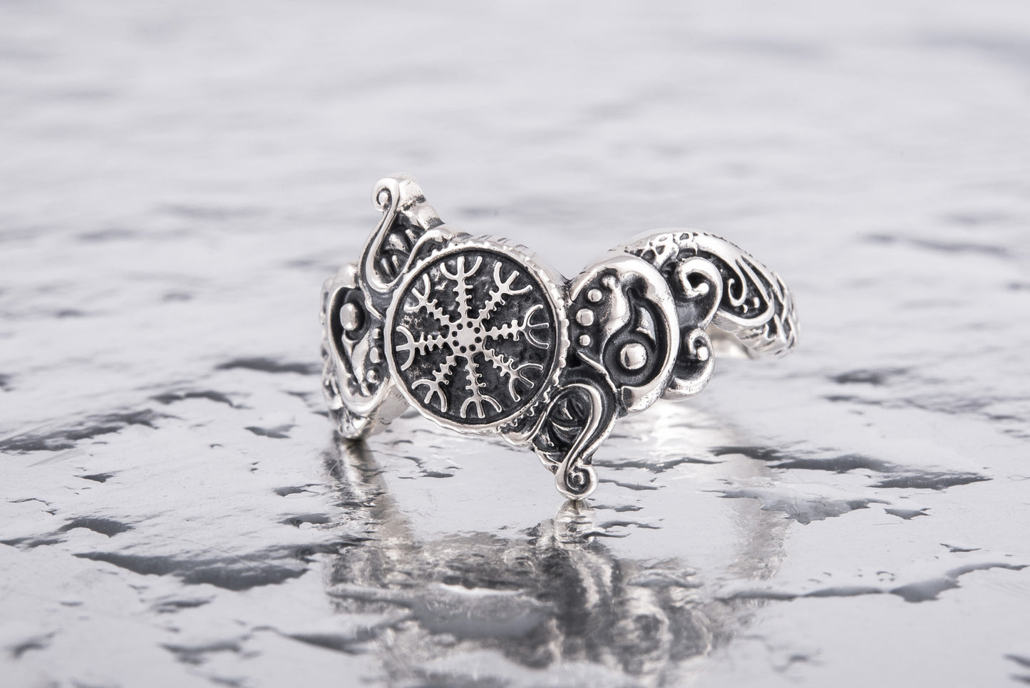 vkngjewelry Ring Handcrafted Ring With Helm Of Awe Symbol And Wolf Ornament Sterling Silver Viking Jewelry