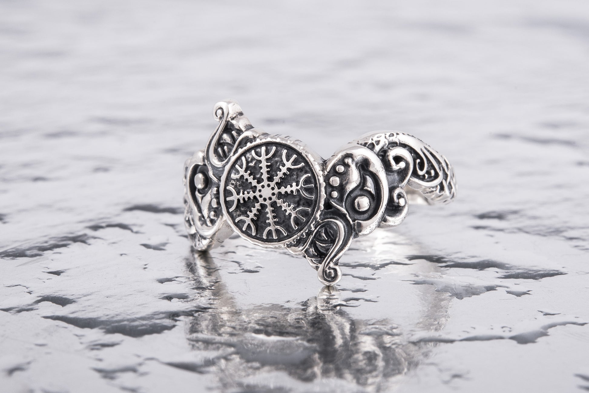 vkngjewelry Ring Handcrafted Ring With Helm Of Awe Symbol And Wolf Ornament Sterling Silver Viking Jewelry