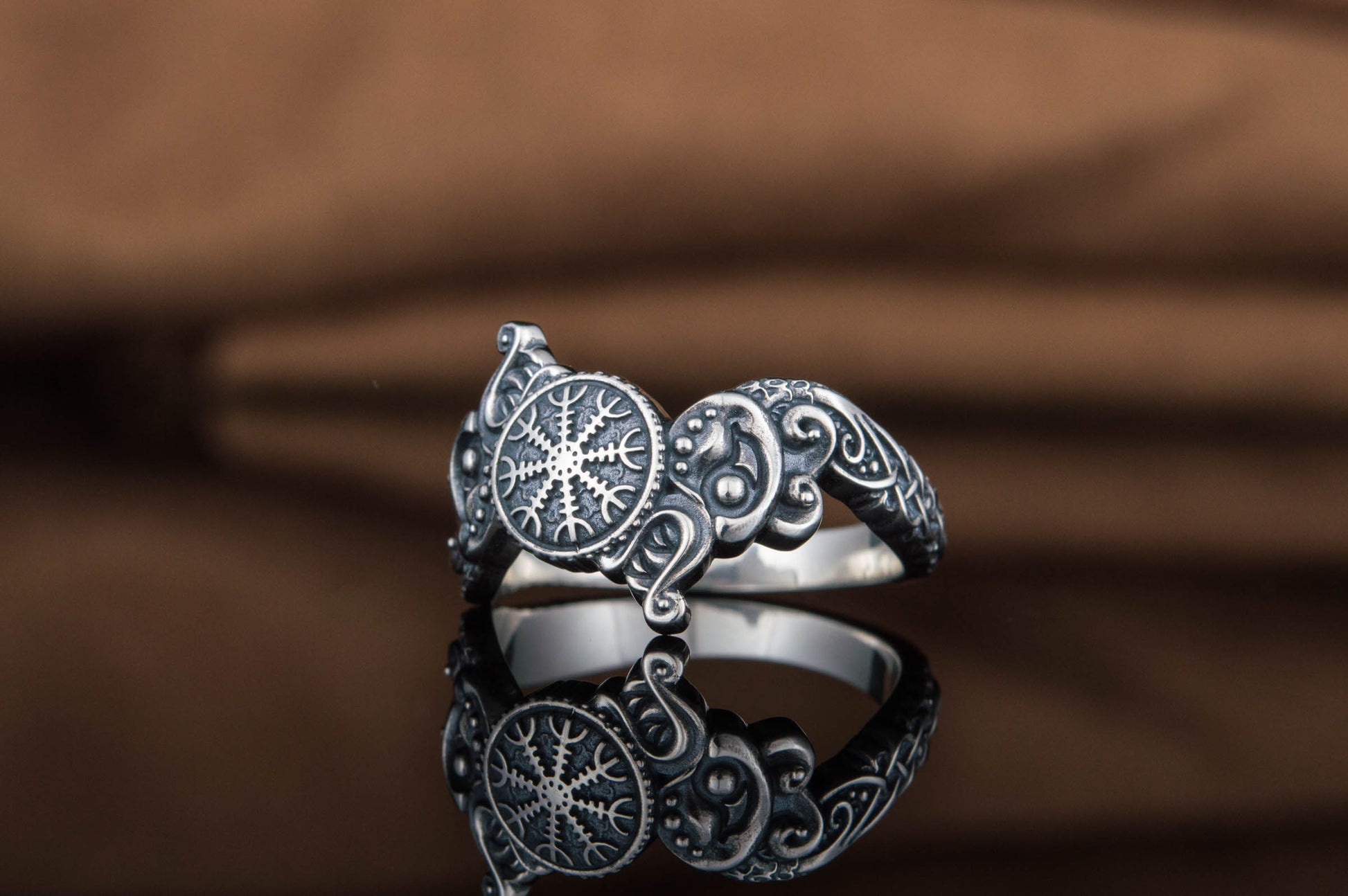 vkngjewelry Ring Handcrafted Ring With Helm Of Awe Symbol And Wolf Ornament Sterling Silver Viking Jewelry