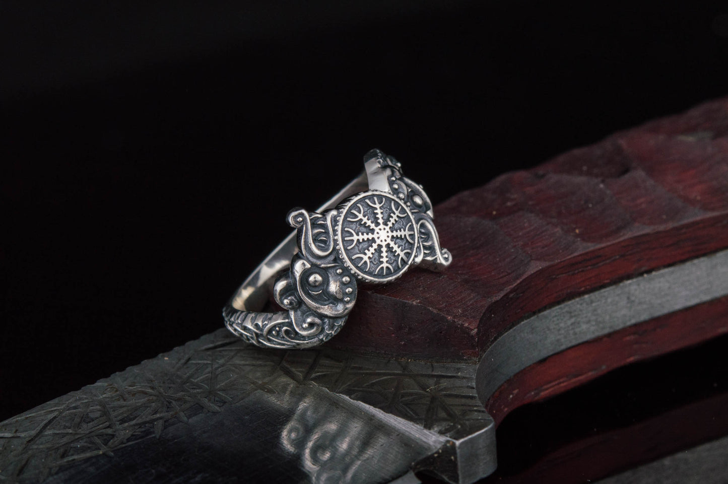 vkngjewelry Ring Handcrafted Ring With Helm Of Awe Symbol And Wolf Ornament Sterling Silver Viking Jewelry
