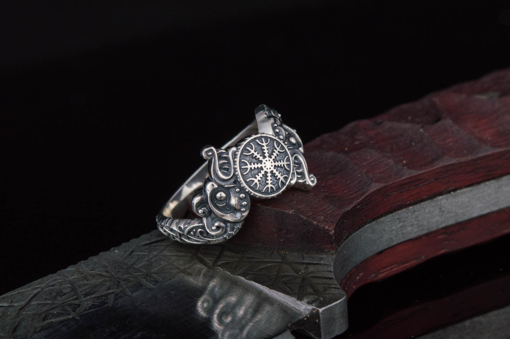vkngjewelry Ring Handcrafted Ring With Helm Of Awe Symbol And Wolf Ornament Sterling Silver Viking Jewelry