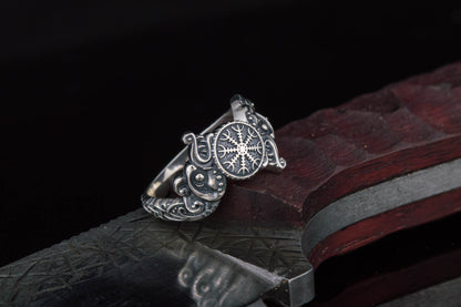 vkngjewelry Ring Handcrafted Ring With Helm Of Awe Symbol And Wolf Ornament Sterling Silver Viking Jewelry