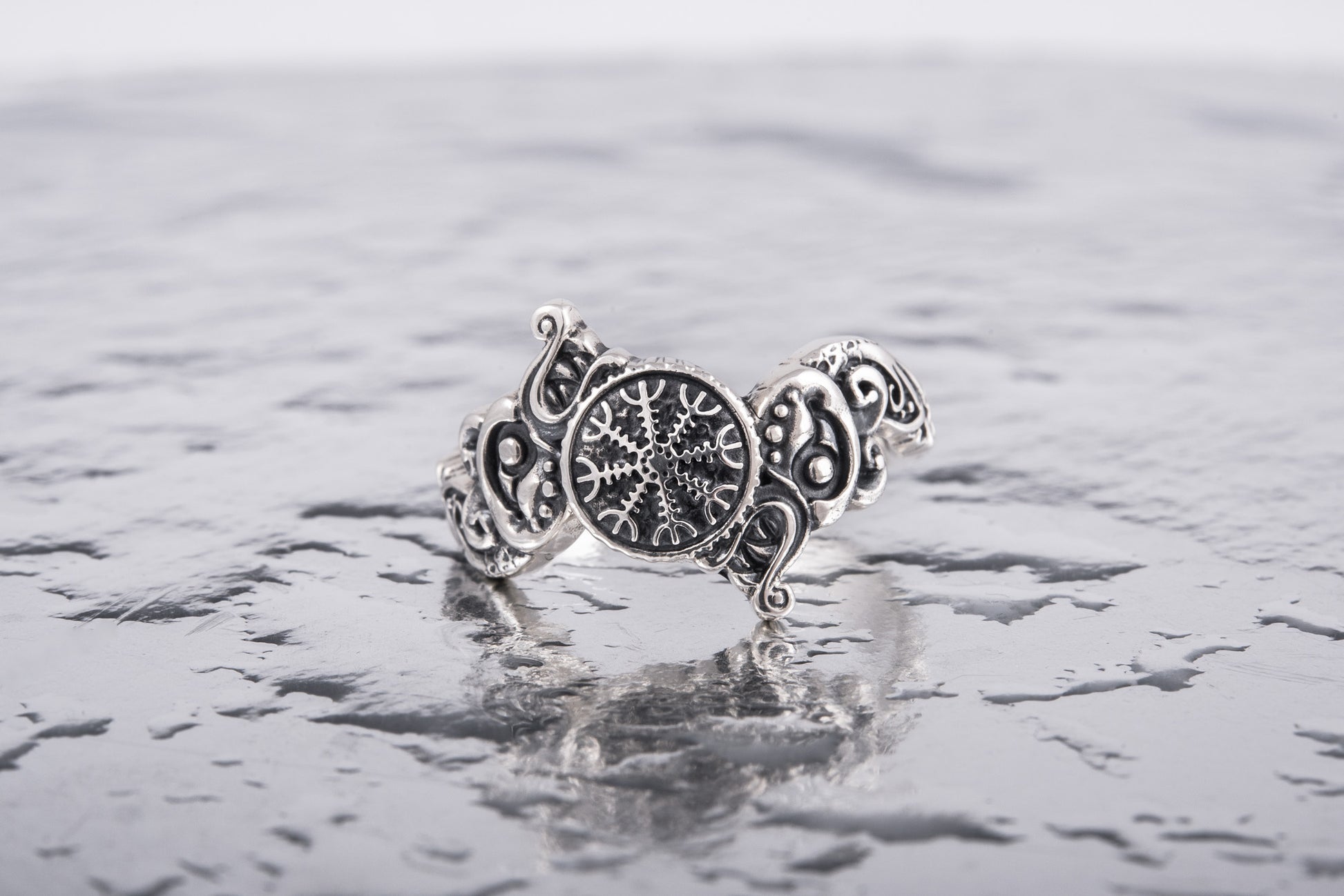 vkngjewelry Ring Handcrafted Ring With Helm Of Awe Symbol And Wolf Ornament Sterling Silver Viking Jewelry