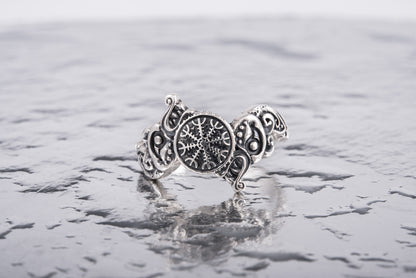 vkngjewelry Ring Handcrafted Ring With Helm Of Awe Symbol And Wolf Ornament Sterling Silver Viking Jewelry