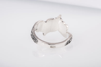 vkngjewelry Ring Handcrafted Ring With Helm Of Awe Symbol And Wolf Ornament Sterling Silver Viking Jewelry