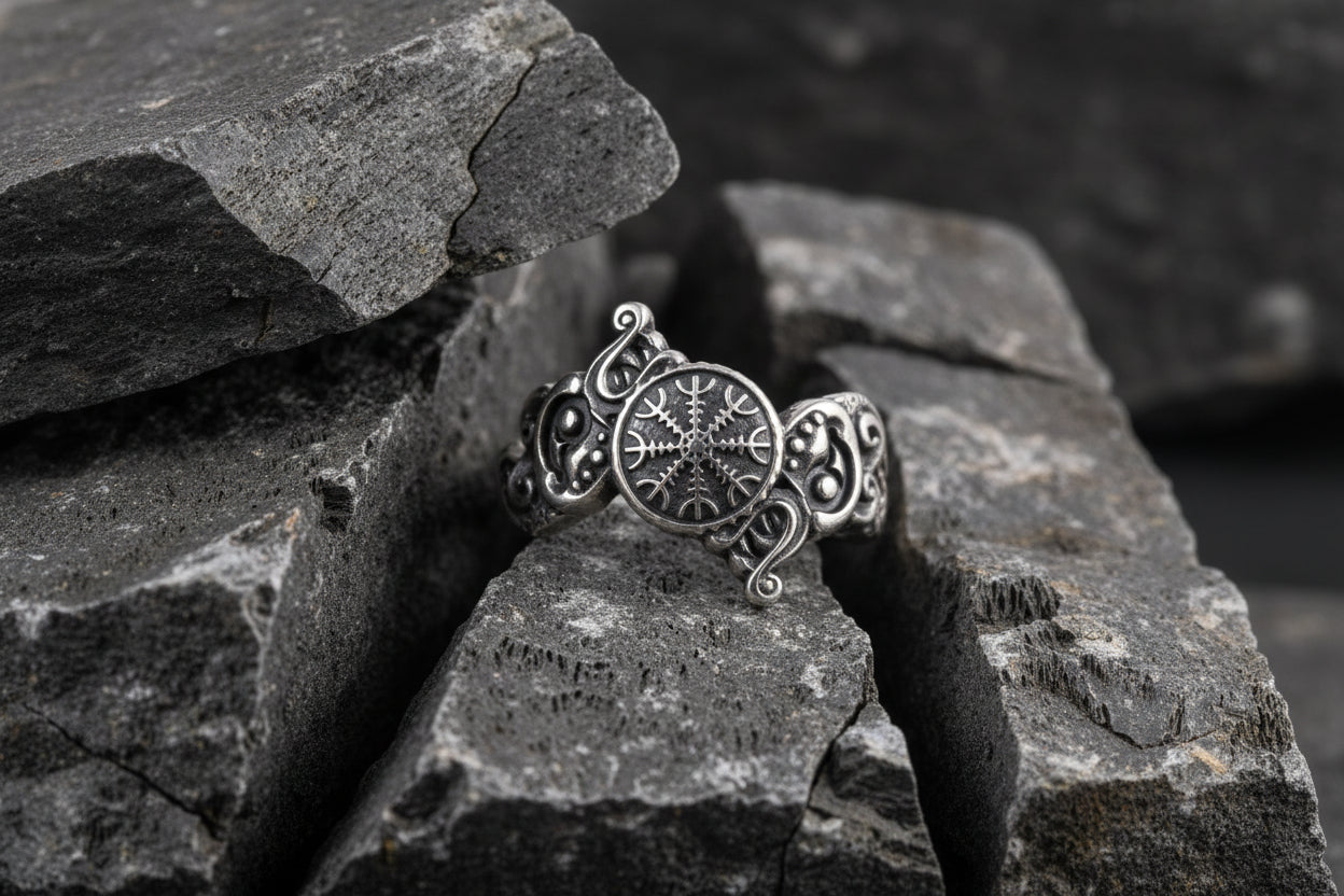 vkngjewelry Ring Handcrafted Ring With Helm Of Awe Symbol And Wolf Ornament Sterling Silver Viking Jewelry