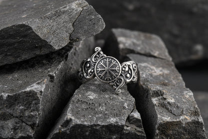 vkngjewelry Ring Handcrafted Ring With Helm Of Awe Symbol And Wolf Ornament Sterling Silver Viking Jewelry