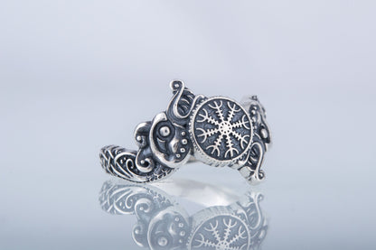 vkngjewelry Ring Handcrafted Ring With Helm Of Awe Symbol And Wolf Ornament Sterling Silver Viking Jewelry