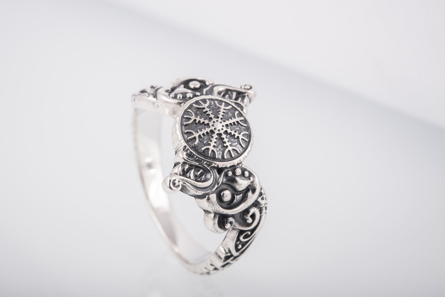vkngjewelry Ring Handcrafted Ring With Helm Of Awe Symbol And Wolf Ornament Sterling Silver Viking Jewelry