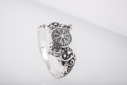 vkngjewelry Ring Handcrafted Ring With Helm Of Awe Symbol And Wolf Ornament Sterling Silver Viking Jewelry