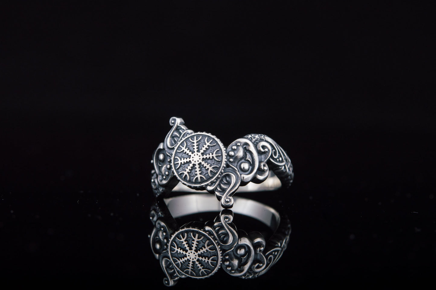 vkngjewelry Ring Handcrafted Ring With Helm Of Awe Symbol And Wolf Ornament Sterling Silver Viking Jewelry