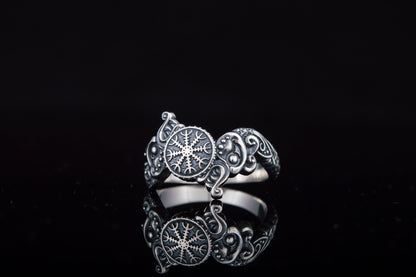 vkngjewelry Ring Handcrafted Ring With Helm Of Awe Symbol And Wolf Ornament Sterling Silver Viking Jewelry