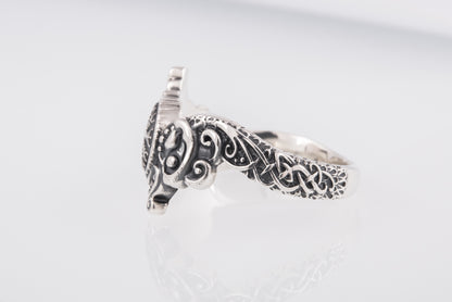 vkngjewelry Ring Handcrafted Ring With Helm Of Awe Symbol And Wolf Ornament Sterling Silver Viking Jewelry