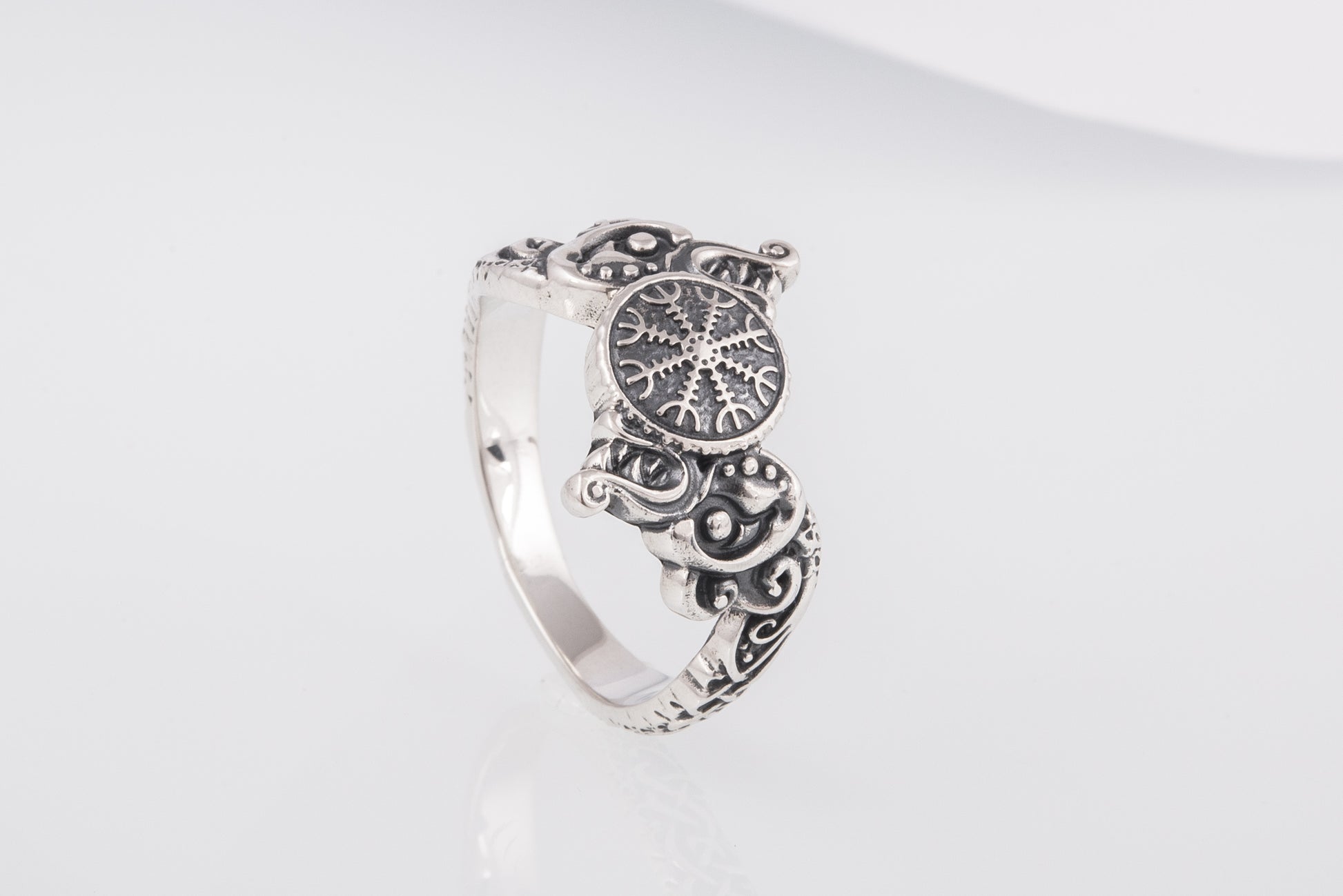 vkngjewelry Ring Handcrafted Ring With Helm Of Awe Symbol And Wolf Ornament Sterling Silver Viking Jewelry