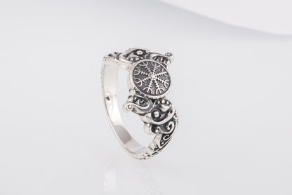 vkngjewelry Ring Handcrafted Ring With Helm Of Awe Symbol And Wolf Ornament Sterling Silver Viking Jewelry