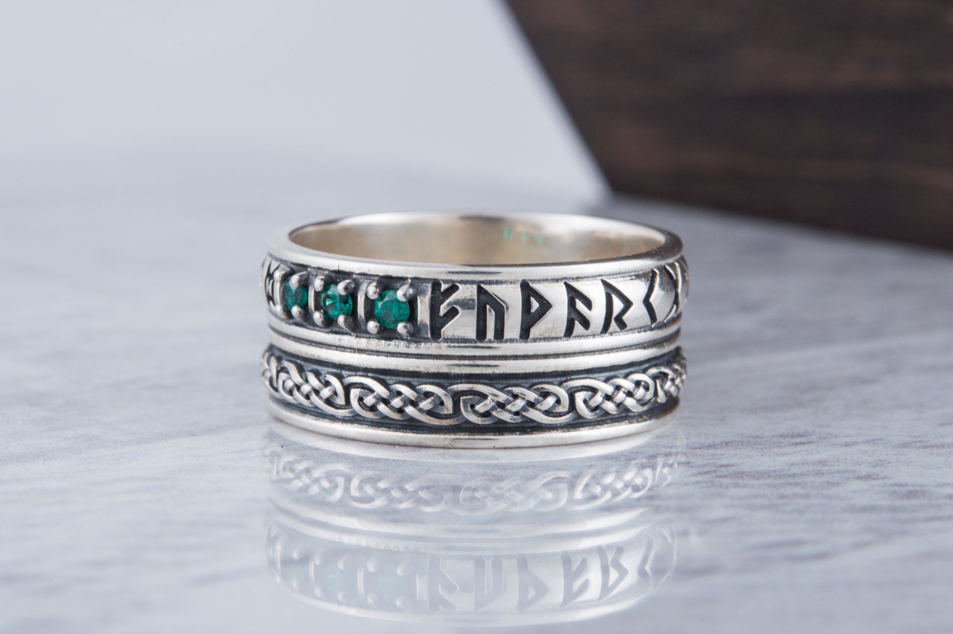 vkngjewelry Ring Handcrafted Runes Symbol Ornament Ring with CZ Sterling Silver Viking Jewelry