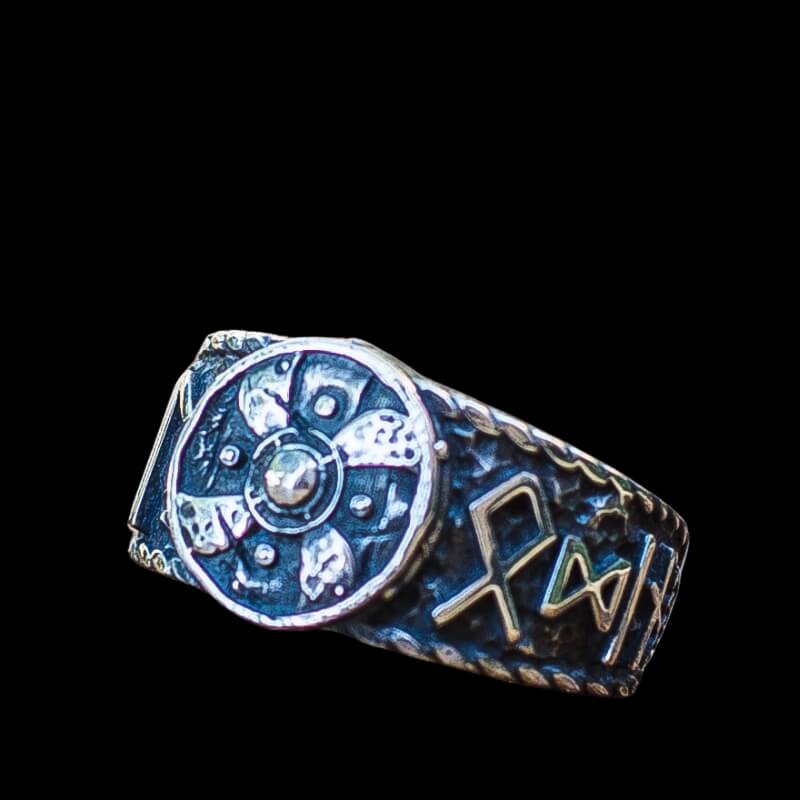 vkngjewelry Bagues Handcrafted Viking Shield With HAIL ODIN Runes Sterling Silver Ring