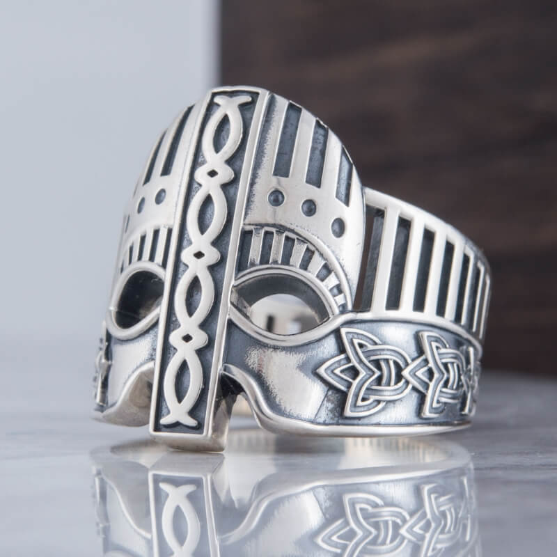 vkngjewelry Bagues Handcrafted Viking Helmet with Norse Ornament  Unique Ring