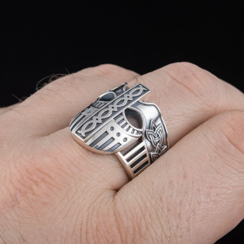 vkngjewelry Bagues Handcrafted Viking Helmet with Norse Ornament  Unique Ring