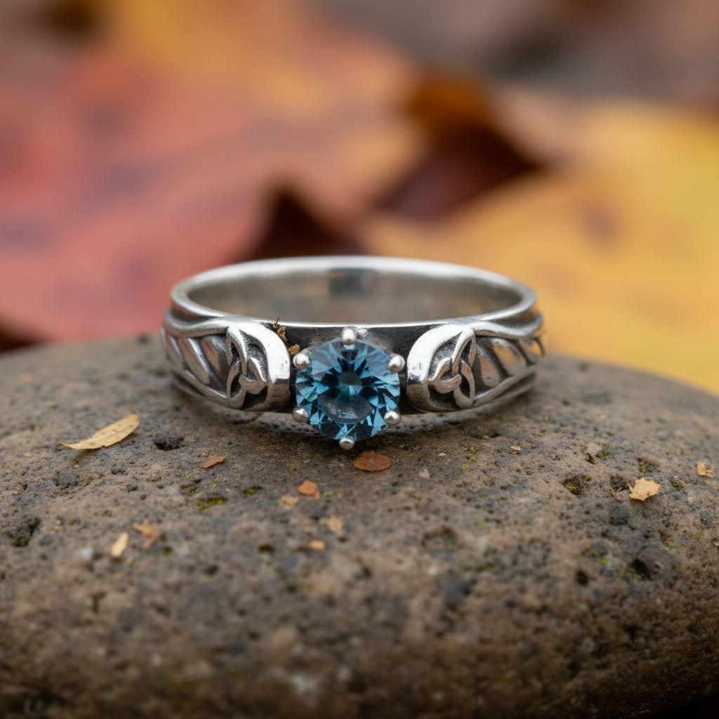vkngjewelry Rings Silver Celtic Wedding Ring with Blue Topaz