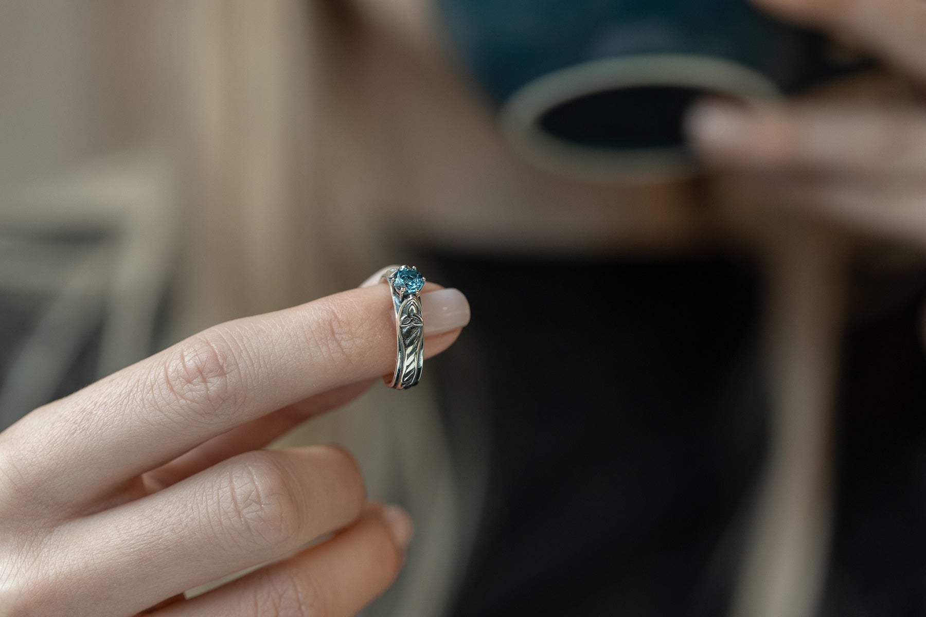 vkngjewelry Rings Silver Celtic Wedding Ring with Blue Topaz