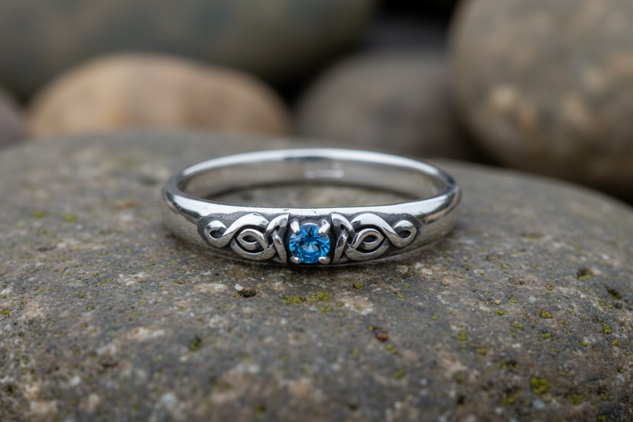 vkngjewelry Rings Silver Celtic Wedding Ring with Topaz, Handcrafted Norse Band
