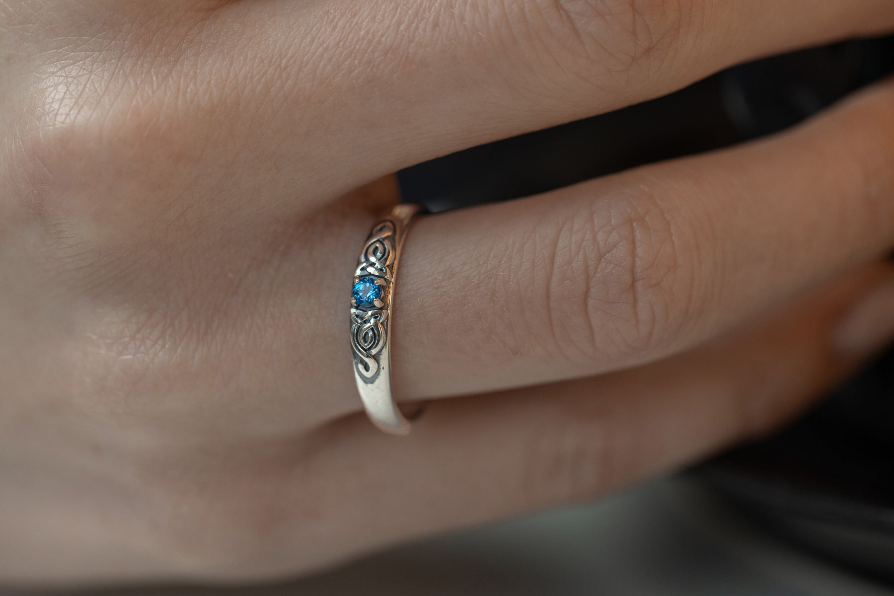vkngjewelry Rings Silver Celtic Wedding Ring with Topaz, Handcrafted Norse Band