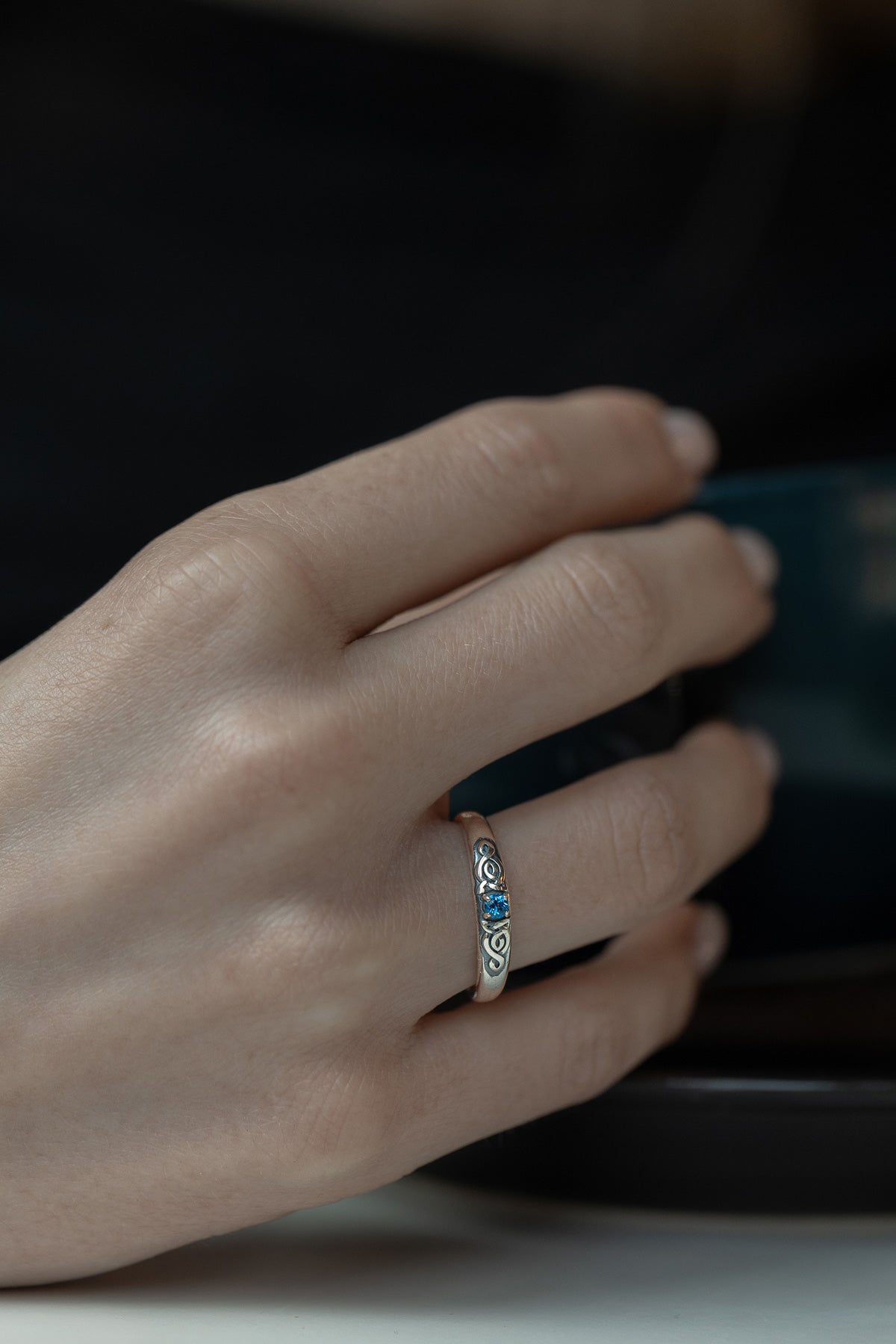 vkngjewelry Rings Silver Celtic Wedding Ring with Topaz, Handcrafted Norse Band